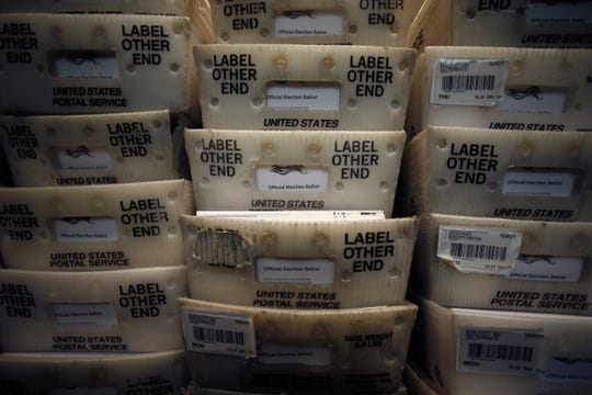 Processed mail-in ballots are seen at the Bucks County Board of Elections office prior to the primary election in Doylestown, Pa. on May 27, 2020.