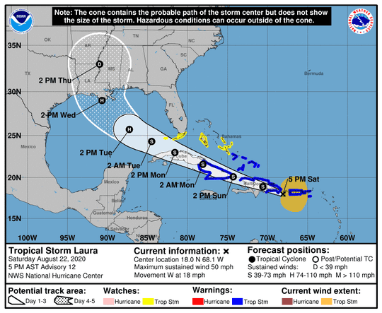 View the path of Tropical Storm Laura as of 5 p.m. on Aug. 22, 2020.