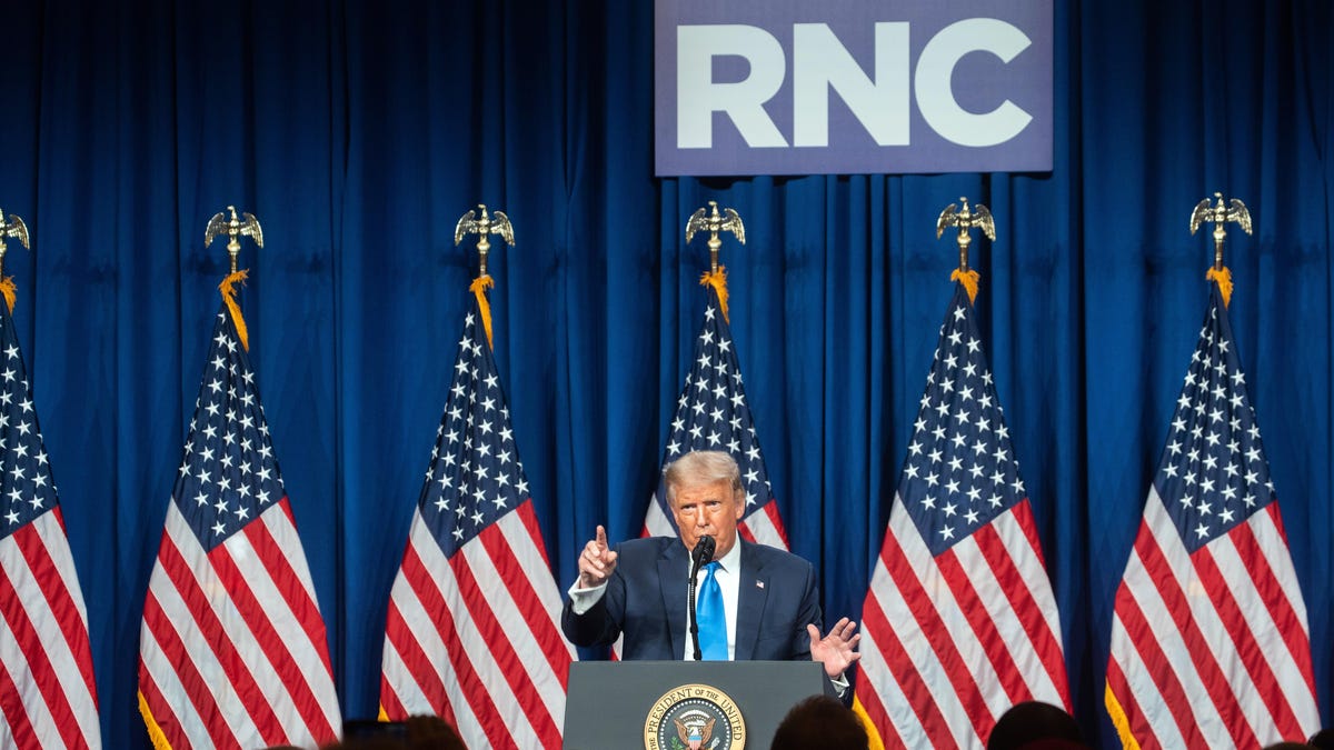 President Donald Trump speaks at the Republican National Convention in Charlotte, N.C., Monday August, 24, 2020. President Trump made a surprise visit to the RNC to accept the nomination in person after the coronavirus pandemic forced the GOP to scale back their convention.