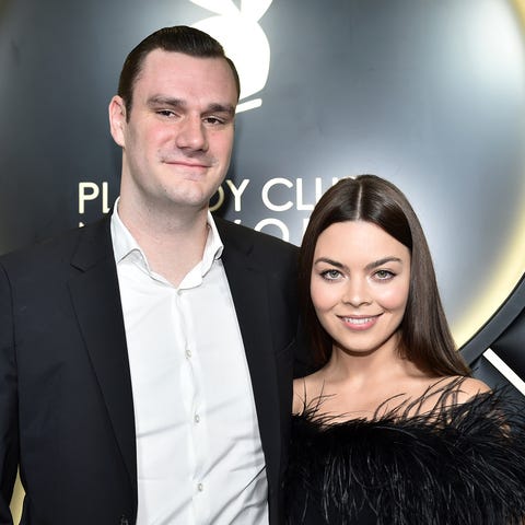 Cooper Hefner and fiance Scarlett Byrne arrive at 