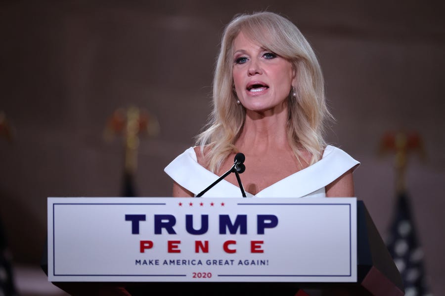 White House Counselor to the President Kellyanne Conway pre-records her address to the Republican National Convention from inside an empty Mellon Auditorium August 26, 2020 in Washington, DC.