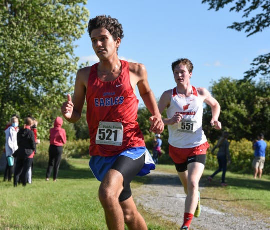 Apollo senior Sam Brewer leads the field of runners Thursday, Sept. 3, 2020, at Sauk Rapids High School. Brewer won the race in a time of 17:09, and Apollo took first place over Willmar and Fergus Falls.