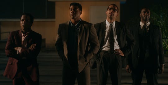 Leslie Odom Jr. (far left) stars as Sam Cooke, Eli Goree plays Cassius Clay, Kingsley Ben-Adir is Malcolm X and Aldis Hodge is Jim Brown in Regina King's feature directorial debut "One Night in Miami."