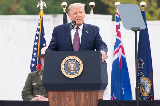 President Donald Trump speaks during a remembrance ceremony at the Flight 93 National Memorial near Shanksville, Pa., on Friday, September 11, 2020. 