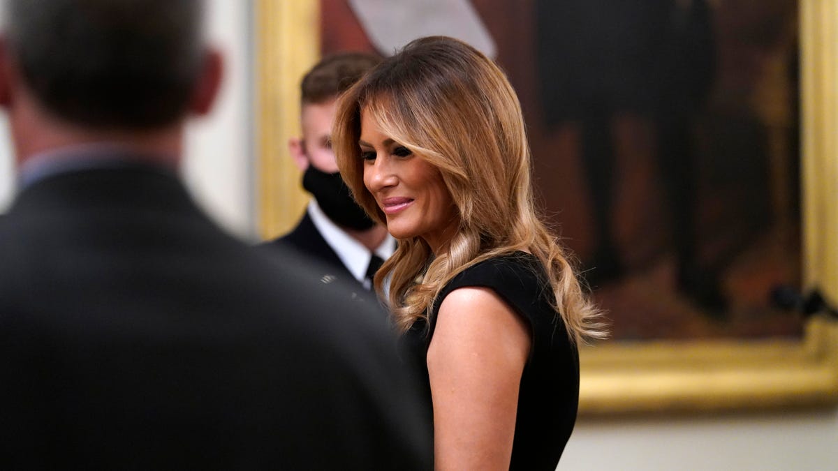 First lady Melania Trump at presentation of the Medal of Honor to Army Sgt. Maj. Thomas P. Payne in the East Room of the White House on, Sept. 11, 2020.