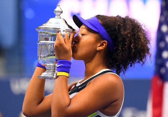 Naomi Osaka of Japan celebrates winning against Victoria Azarenka of Belarus in the US Open women's singles final.