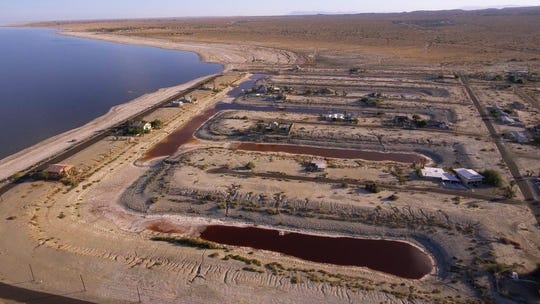 A screen grab from the film highlights the shrinking lake at Desert Shores.