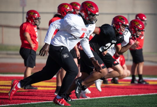 Anthony Lucas (DT) runs a drill during football practice, September 28, 2020, at Chaparral High School, Scottsdale, Arizona.