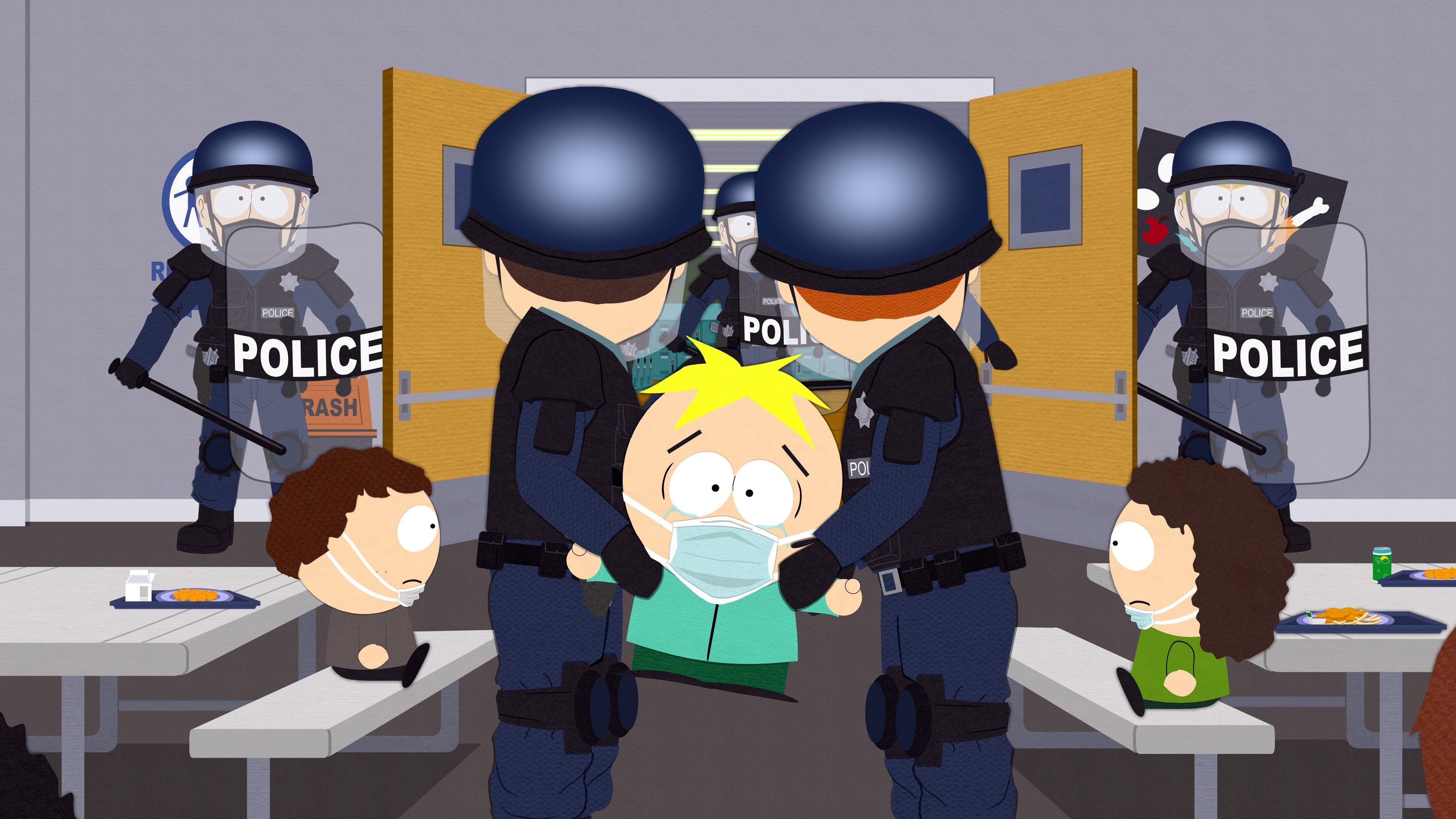 Estudante sendo detido pela polícia em South Park