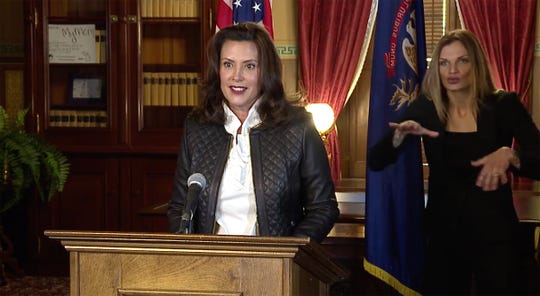 Gov. Gretchen Whitmer delivers a press conference on October 8, 2020, in Lansing to comment on the newly released information about a plot to kidnap her.