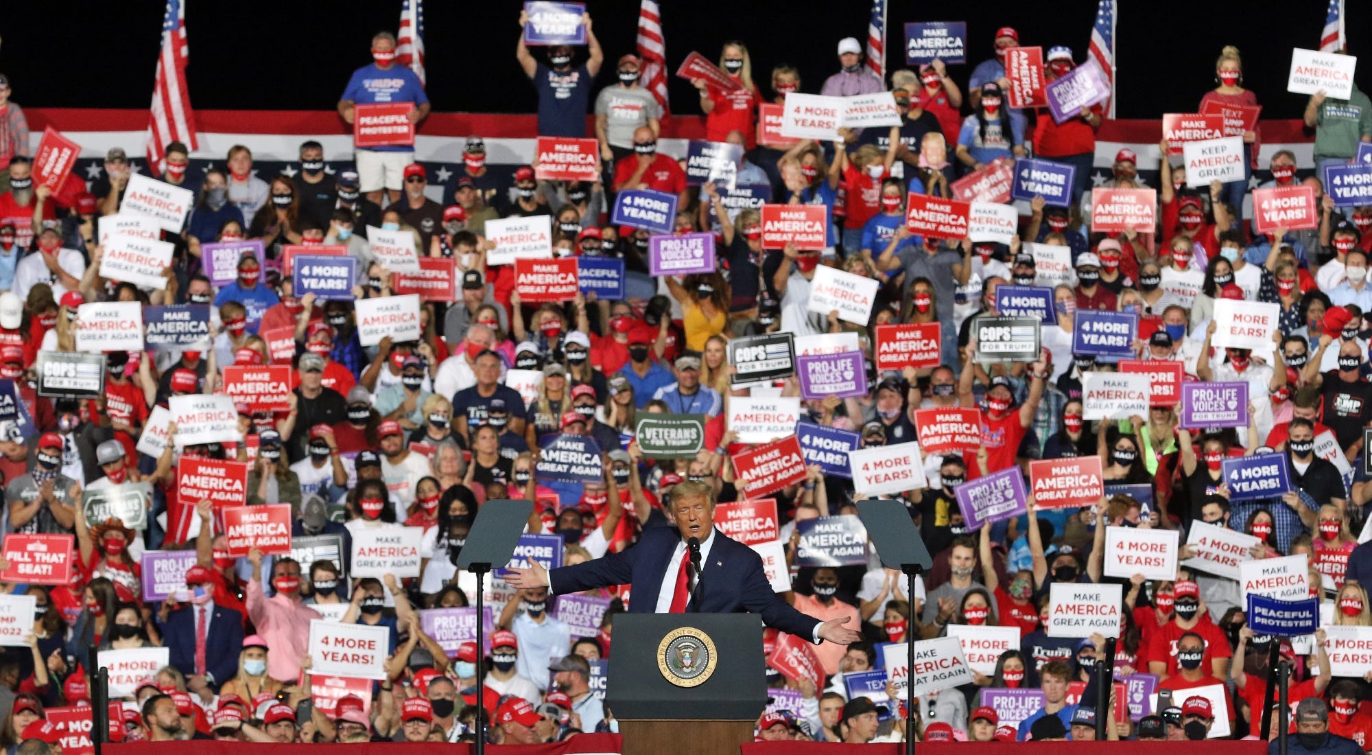 President Donald Trump speaks Wednesday evening, Oct. 21, 2020, as he held a rally outside under the stars at the Gastonia Municipal Airport in North Carolina.