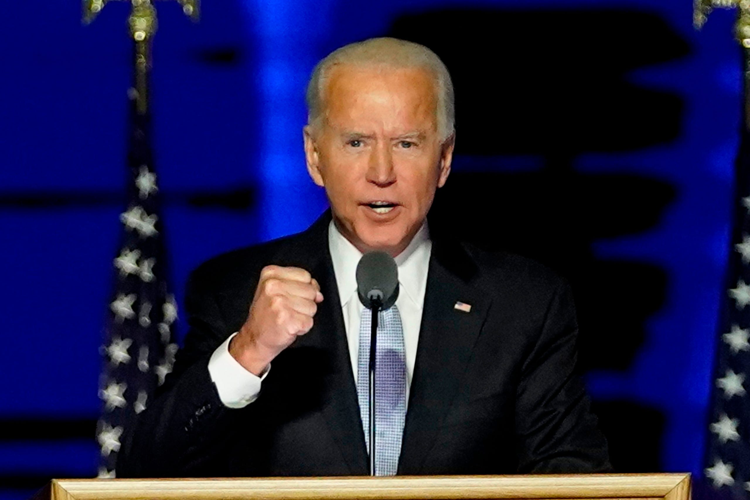 US President-elect Joe Biden delivers remarks in Wilmington, Delaware, on November 7, 2020, after being declared the winner of the US presidential election.