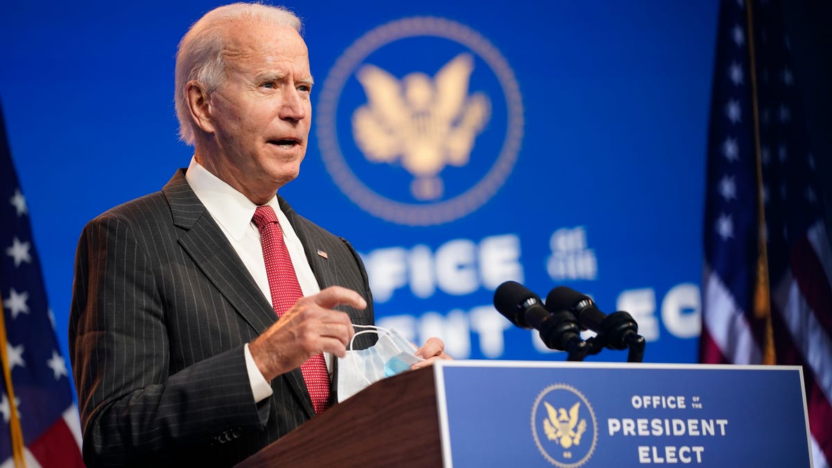 In this Nov. 19, 2020, file photo President-elect Joe Biden speaks at The Queen theater in Wilmington, Delaware.