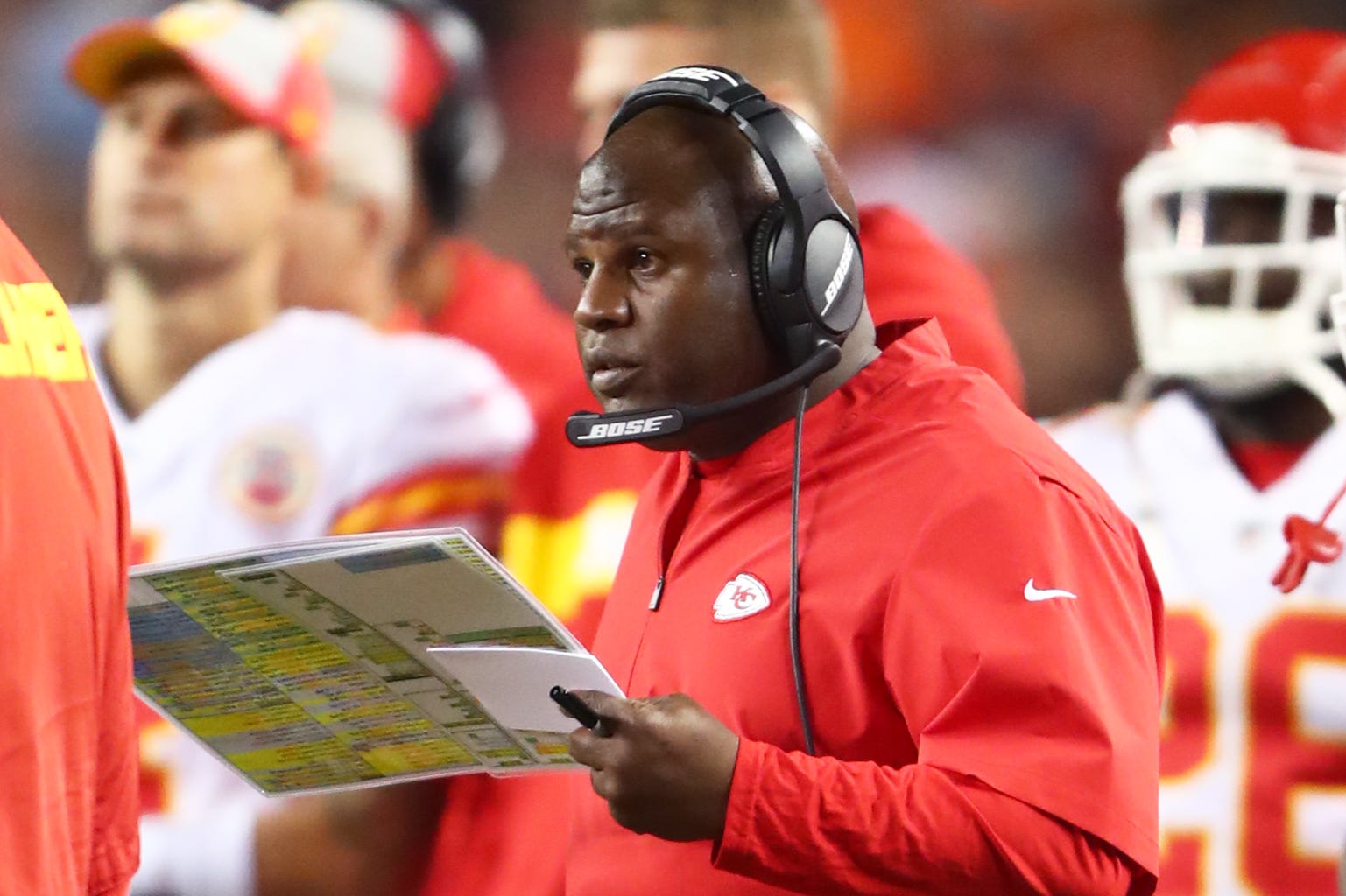 Eric Bieniemy, the Chiefs' offensive coordinator, is one of the hot coaching candidates in the NFL.