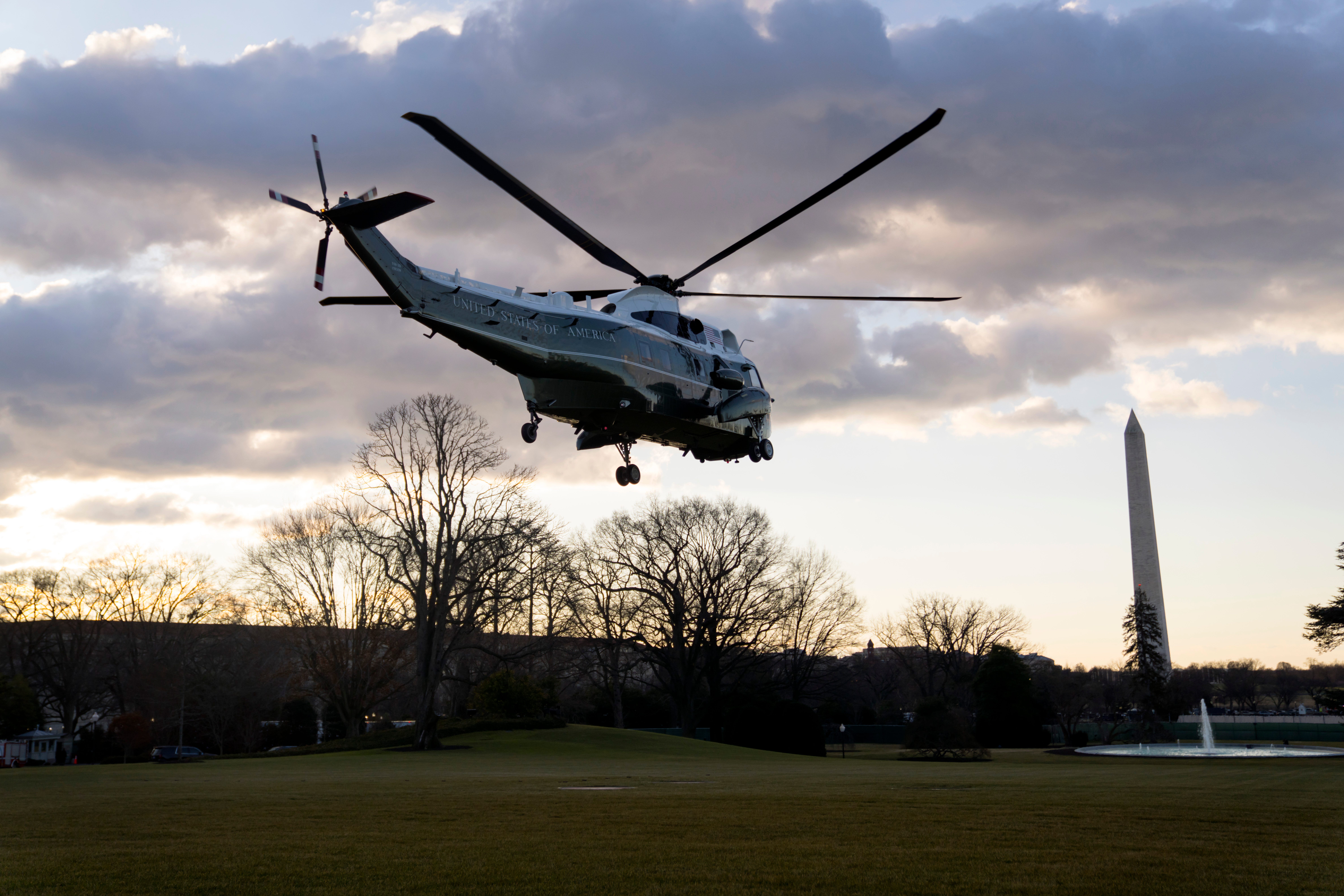 Marine One with President Donald Trump and first lady Melania Trump aboard departs the White House on January 20, 2021 in Washington, DC.