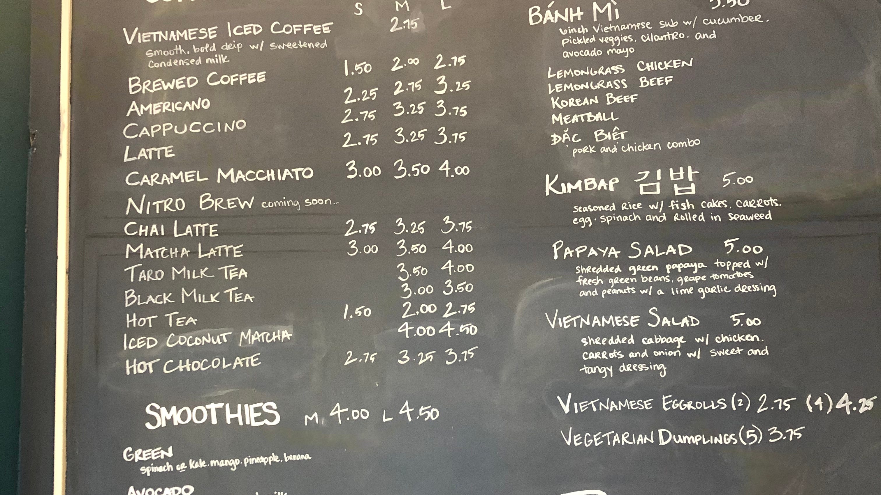 The chalkboard menu at Evelyn's Coffee & Banh Mi in downtown Akron.