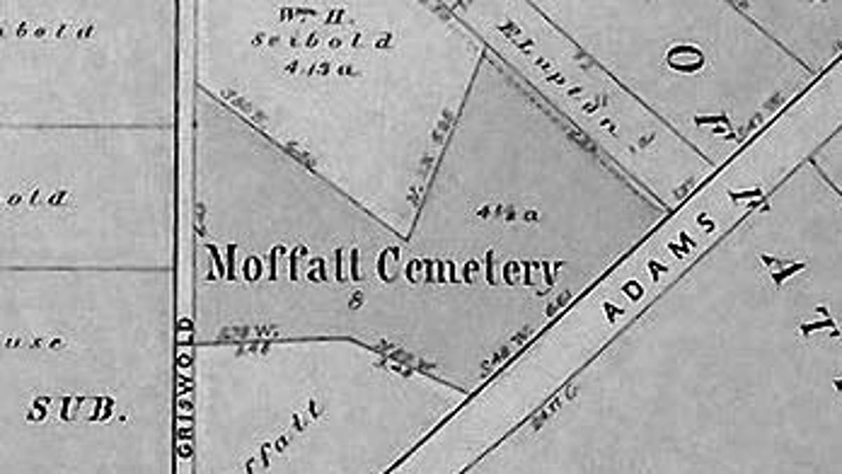 This 1896 Peoria County plat map shows Moffatt Cemetery at South Adams and South Griswold streets. The site, which is the resting place of Nance Legins-Costley, was later paved over.