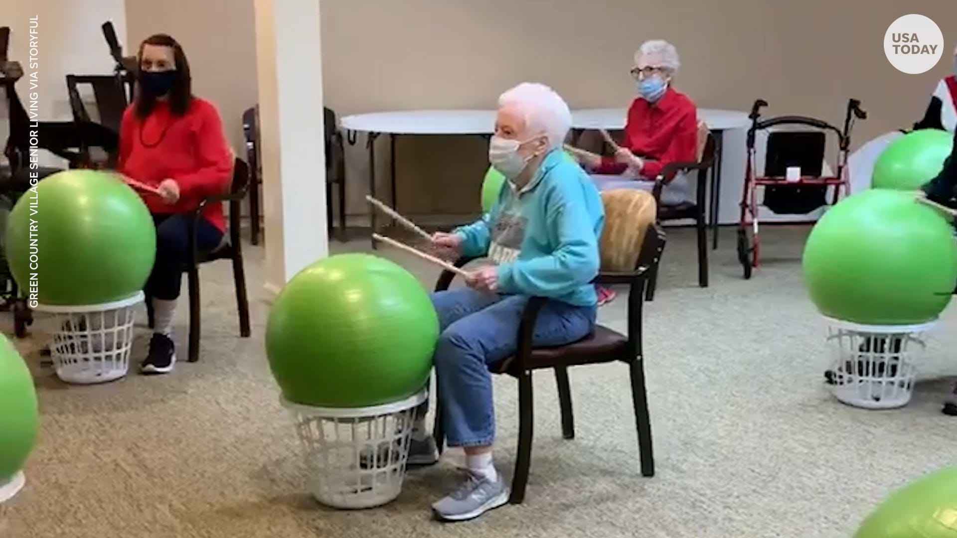 Seniors Turn Exercise Into Fun With Drum Sticks And Stability Balls