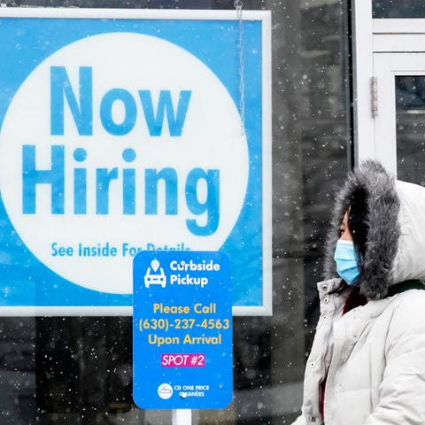 "Now Hiring" sign on Feb. 6, 2021, in Schaumburg, 