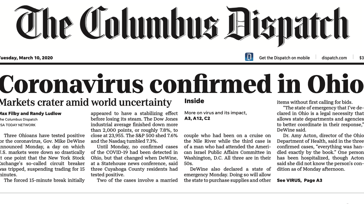 Columbus Dispatch Headlines From The Start Of Covid Pandemic In Ohio