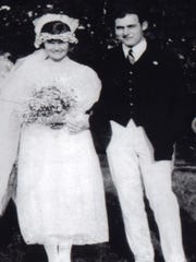 Ernest Hemingway and his first wife Hadley Richardson at their wedding in Horton Bat, Michigan 1921.