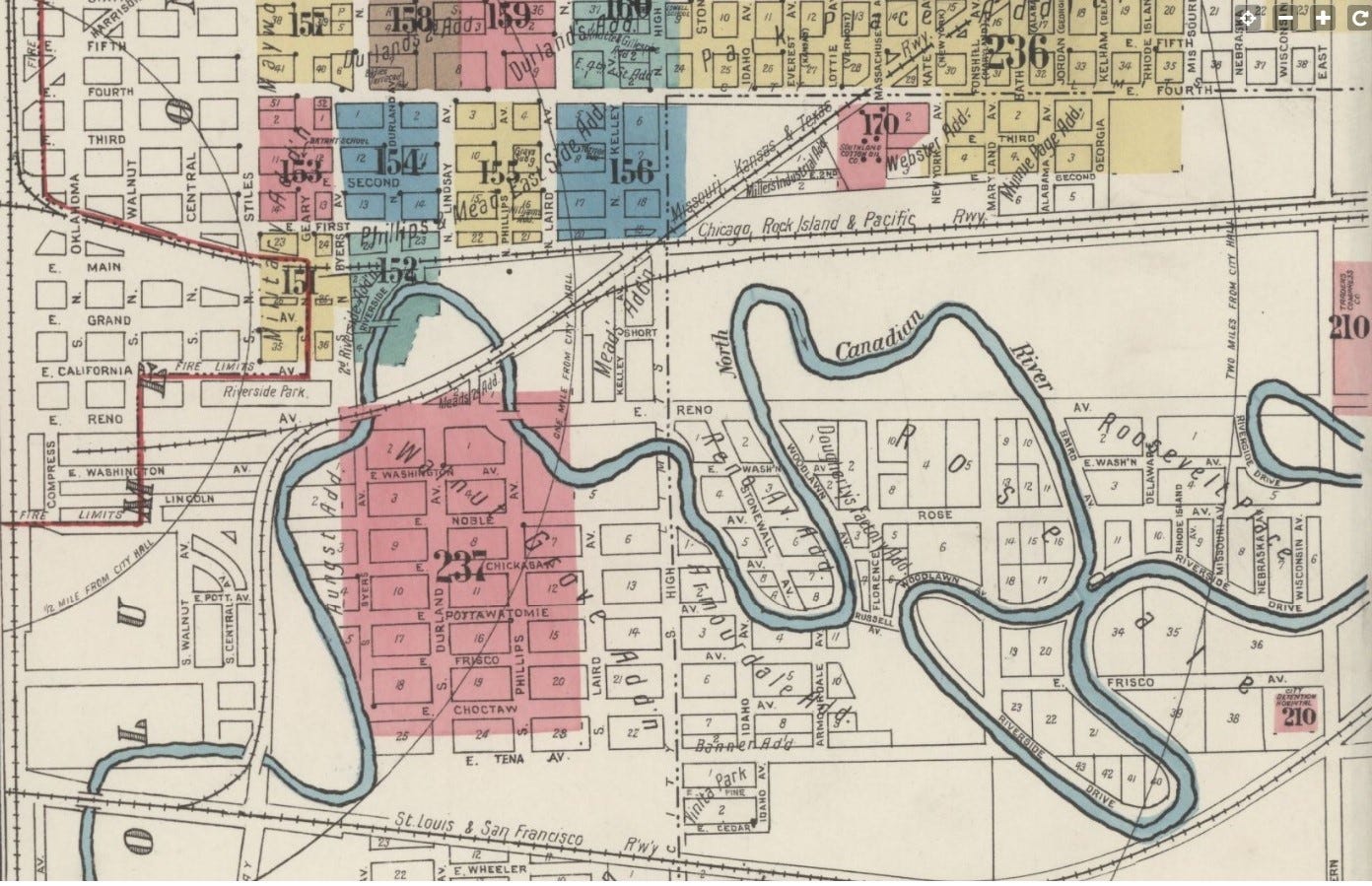 The Oklahoma River, shown in this 1921 map, was a meandering prairie waterway when Black residents were forced by Jim Crow laws to live in the area. In 1968, a scrapyard opened south of the neighborhood and has been blamed for years of explosions.