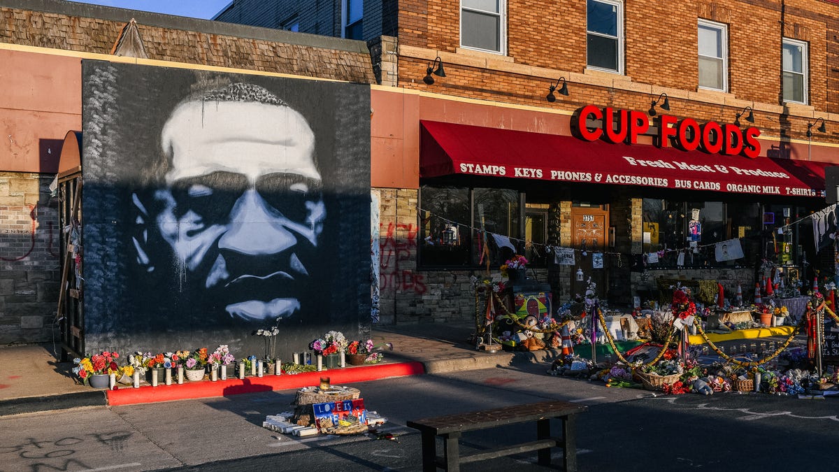 A mural of George Floyd is shown in the intersection of 38th St & Chicago Ave on March 31, 2021 in Minneapolis, Minnesota. Community members continue preparations during the third day in the trial of former Minneapolis police officer Derek Chauvin, who is charged with multiple counts of murder in the death of George Floyd.