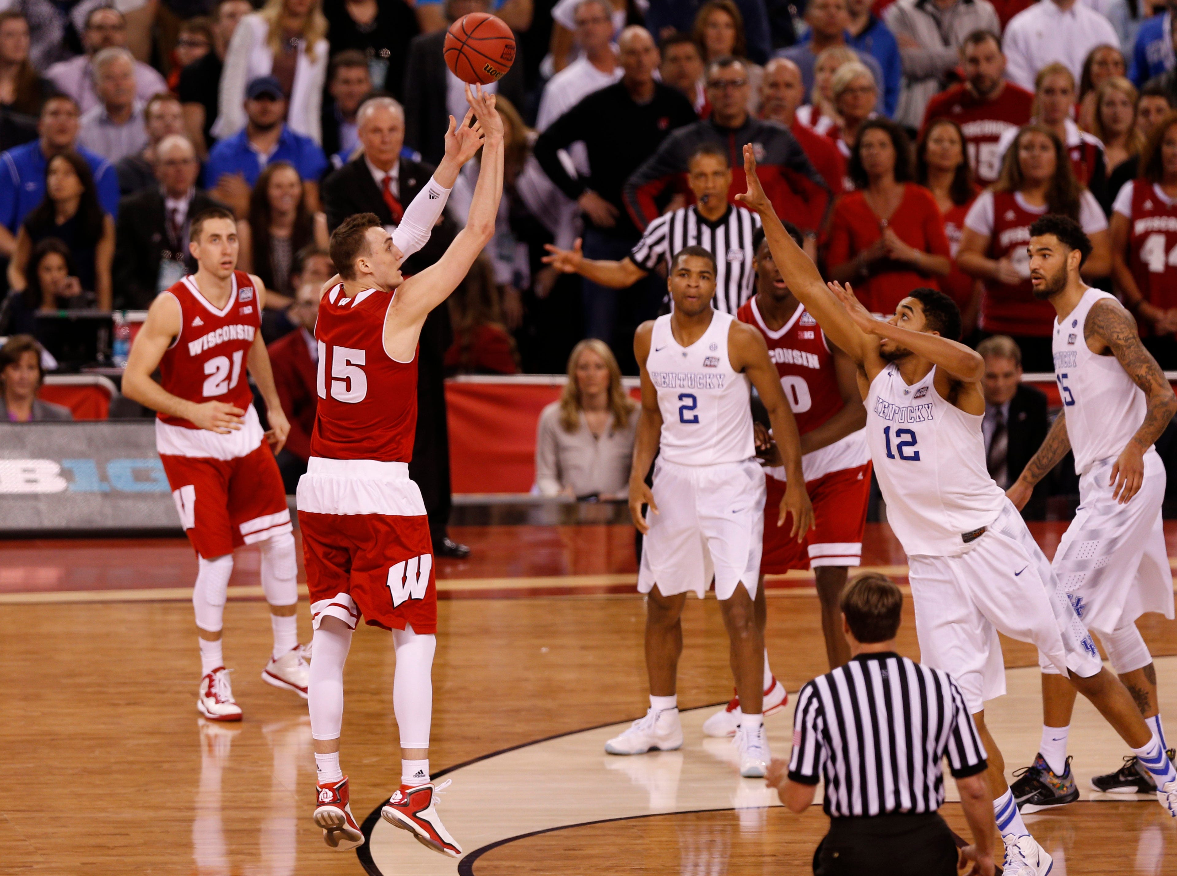 Wisconsin's Sam Dekker hits a 3-point shot to give the Badgers the lead late against Kentucky in the 2015 national semifinal.