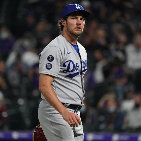 Trevor Bauer walks off the mound in the fifth inni