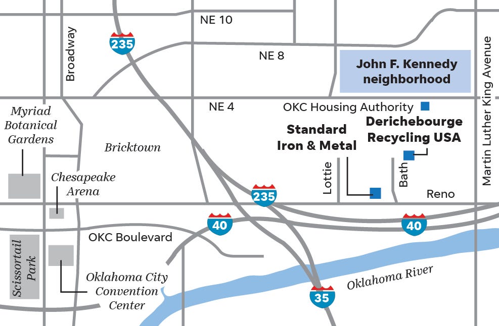 Map showing the John. F. Kennedy neighborhood and nearby scrapyards.