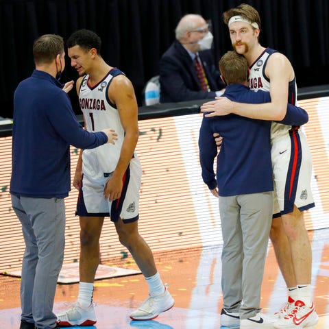 Gonzaga Bulldogs guard Jalen Suggs (1) and Gonzaga