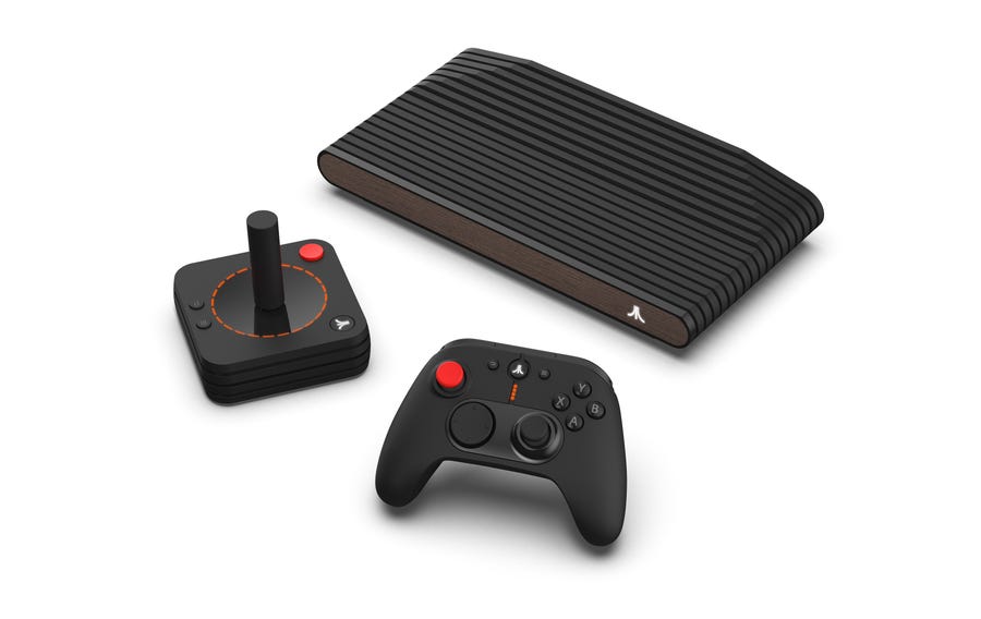 The Atari VCS, with wireless modern controller and wireless classic joystick.