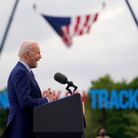 President Joe Biden speaks during a rally at Infin