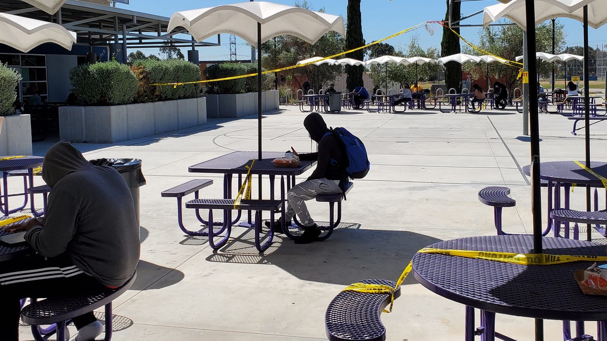 Socially distanced lunch at Middle College High School in Los Angeles on April 27, 2021.