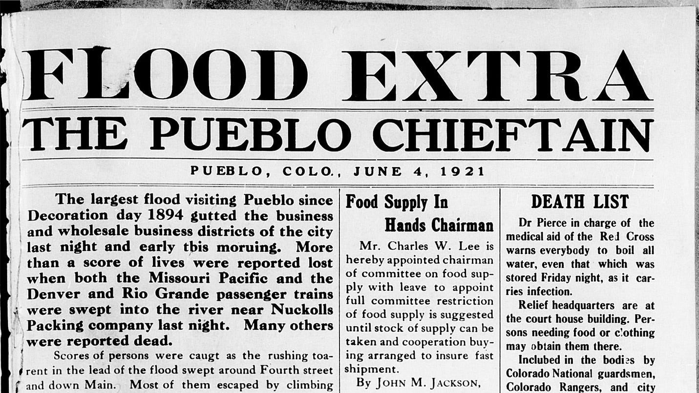 Great Flood of 1921 was documented by The Pueblo Chieftain newspaper