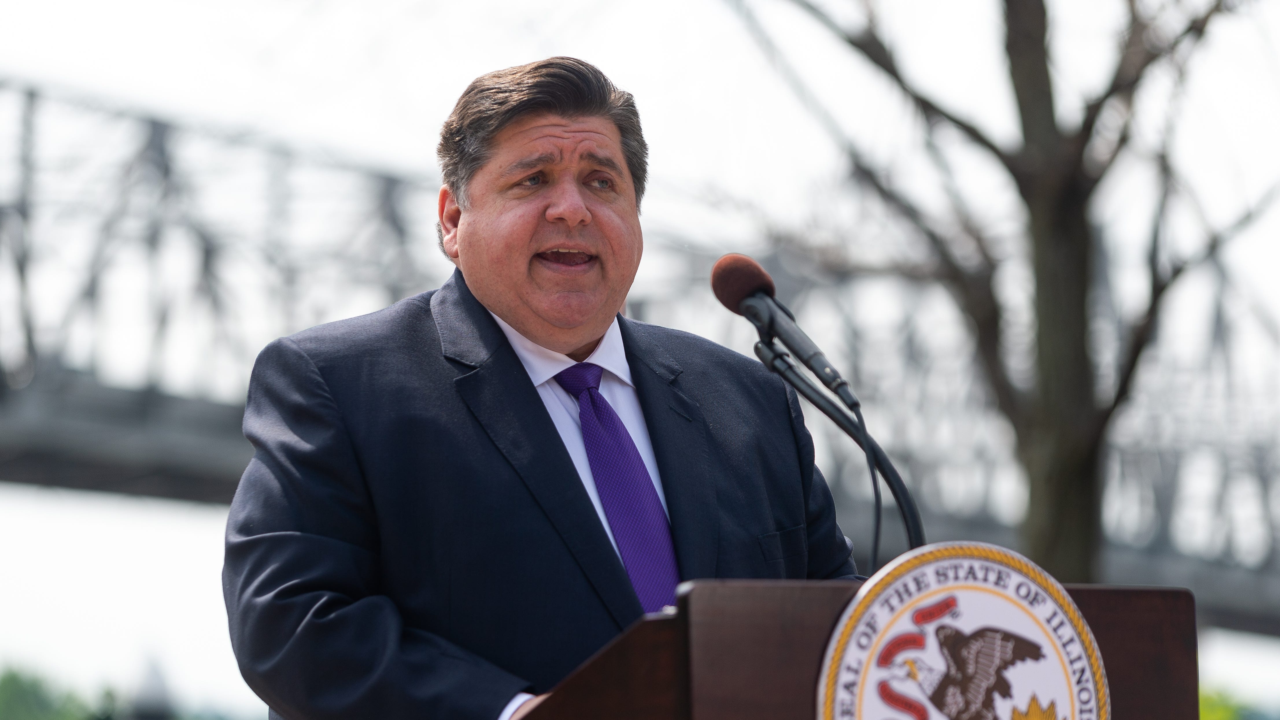 Governor JB Pritzker speaks on the state budget and fiscal responsibility at a press conference at the Peoria riverfront at the Gateway Building on Wednesday, June 2, 2021.