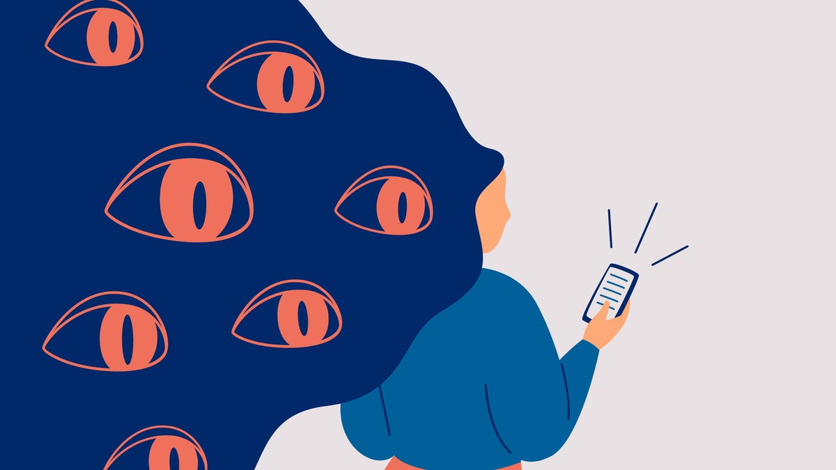 Spywares spy through the phone. Big eyes peek from hair at smartphone of woman. Concept of safety use personal data in social media and internet. Vector illustration