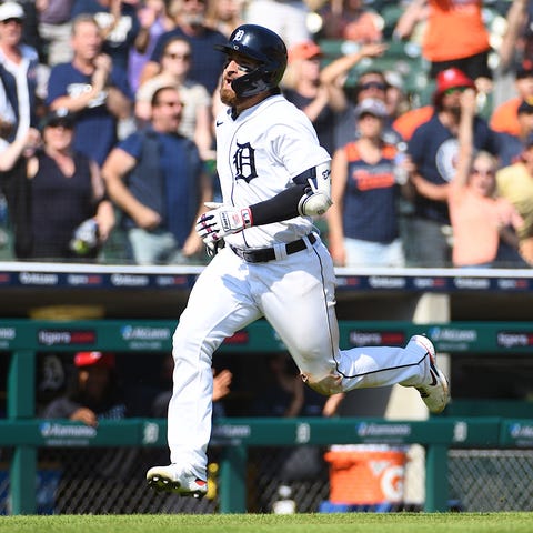 Detroit Tigers left fielder Eric Haase runs during