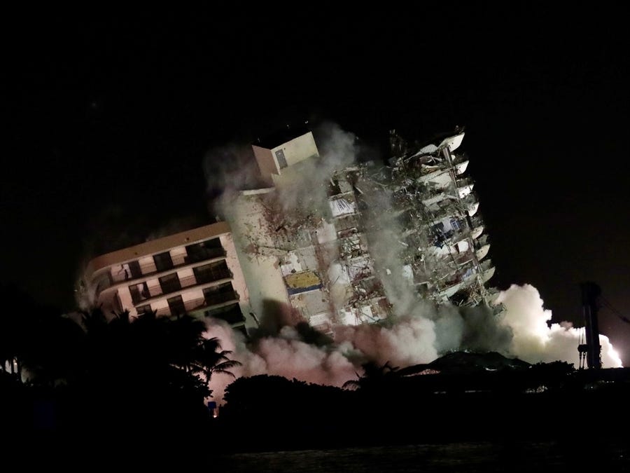 Champlain Towers South comes down during demolition July 4 in Surfside, Fla.