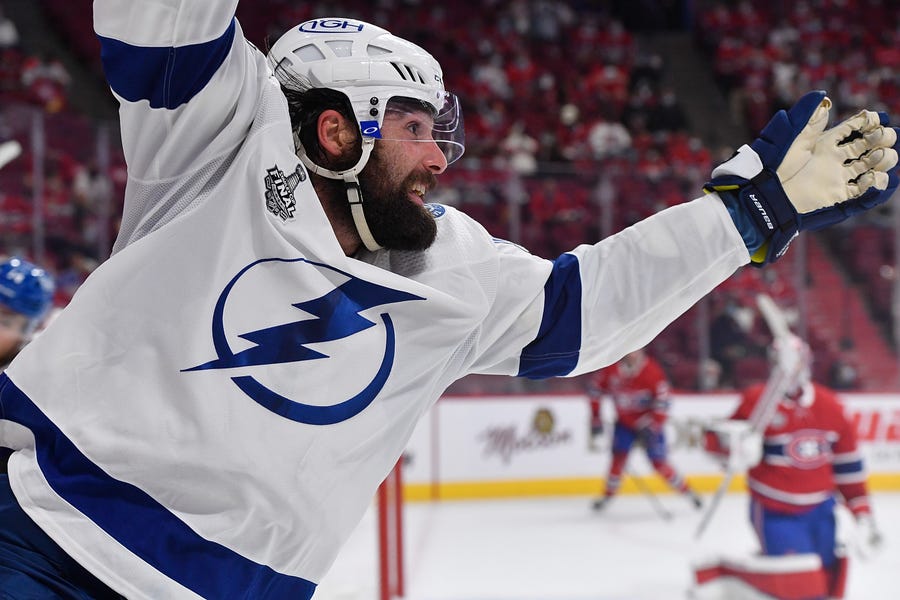 Game 4: Tampa Bay Lightning left wing Patrick Maroon celebrates his game-tying goal in the third period against Montreal Canadiens goaltender Carey Price.