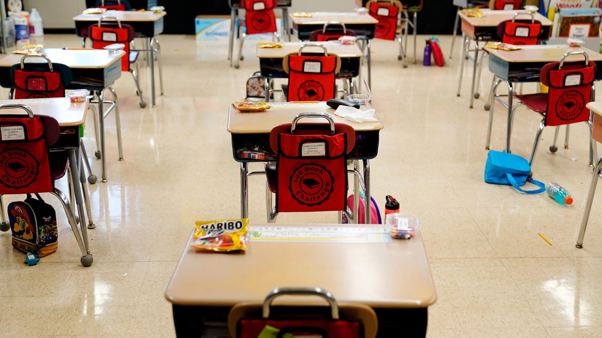 Desks are arranged in a classroom at an elementary school in Nesquehoning, Pa.