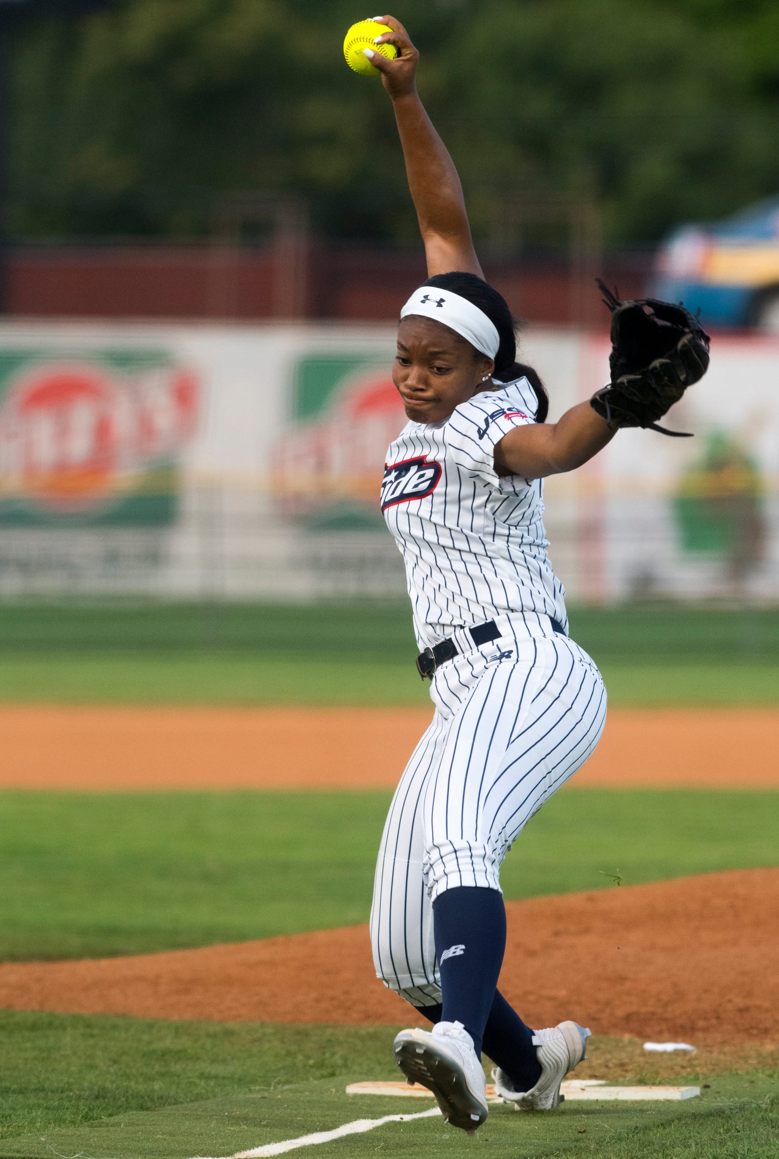 USSSA Pride’s Odicci Alexander (1) pitches as the USSSA Pride takes on Team Florida in an exhibition game at Bosse Field in Evansville, Ind., Wednesday evening, July 14, 2021.