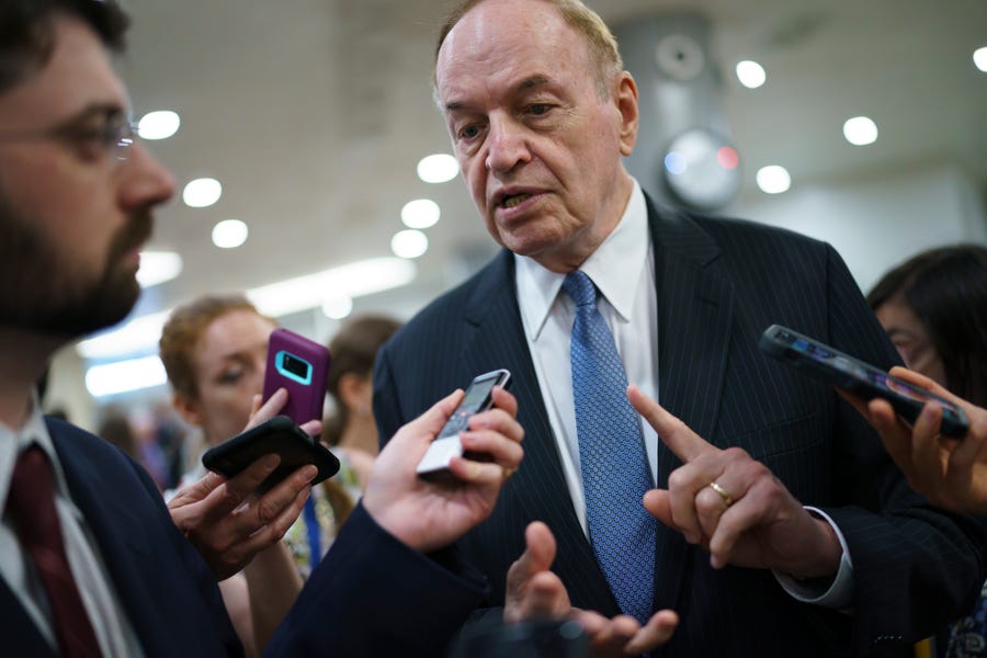 Sen. Richard Shelby, R-Ala., the top Republican on the Senate Appropriations Committee, speaks to reporters as senators arrive for votes at the Capitol in Washington, Tuesday, July 13, 2021. (AP Photo/J. Scott Applewhite) ORG XMIT: DCSA110