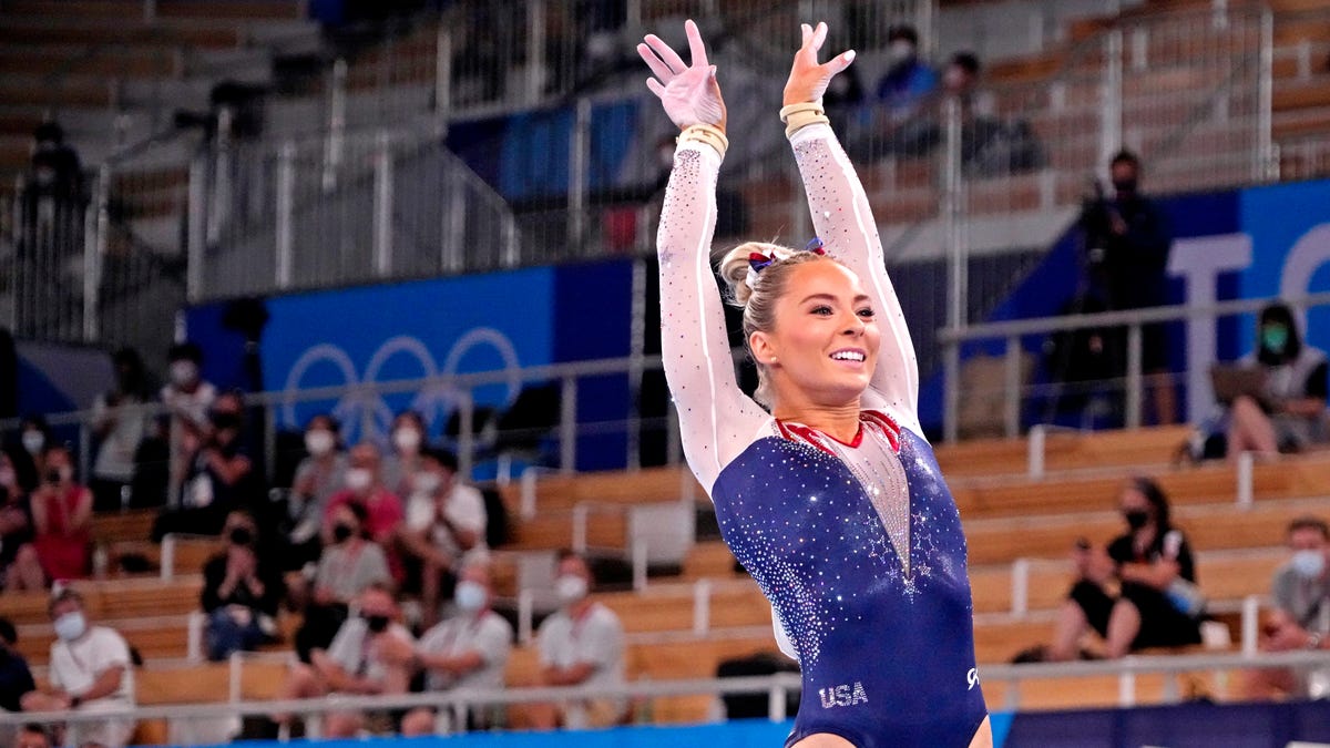 Mykayla Skinner competes on the vault at Ariake Gymnastics Centre.