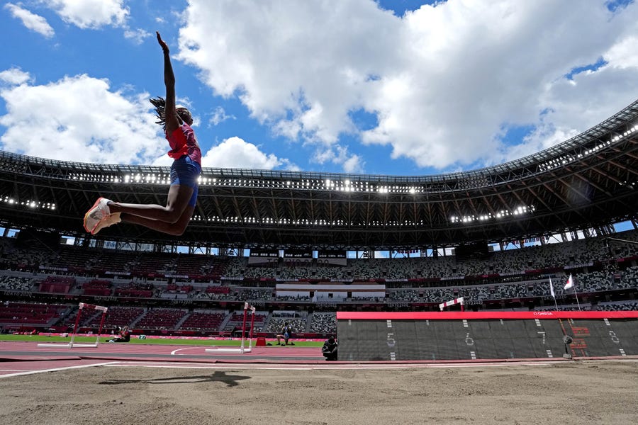 Brittney Reese (USA) in the women's long jump final during the Tokyo 2020 Olympic Summer Games at Olympic Stadium.