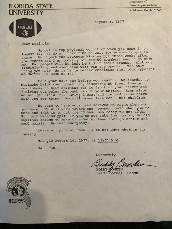 Fsu S Bobby Bowden Often Wrote Letters To Players During The Offseason