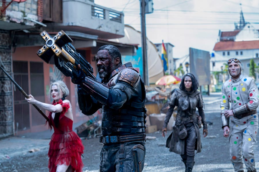 Harley Quinn (Margot Robbie, far left), Bloodsport (Idris Elba), Ratcatcher 2 (Daniela Melchior) and Polka-Dot Man (David Dastmalchian) take the fight to a formidable enemy in "The Suicide Squad."