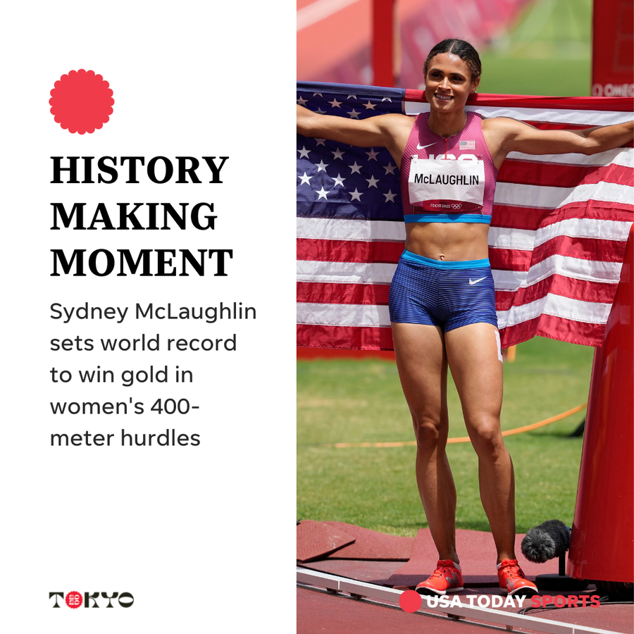 Sydney Mclaughlin of the United States, celebrates after winning the gold medal in the women's 400-meter hurdles during the Tokyo Olympics on Aug. 4, 2021.