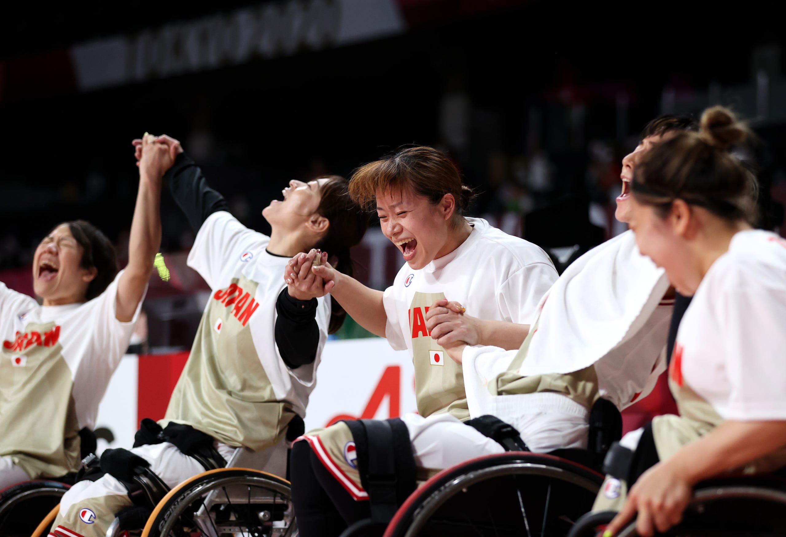 August 26, 2021: Team Japan celebrate victory during the Wheelchair Basketball Women's preliminary round group A match between team Japan and team Great Britain at Musashino Forest Sports Plaza on day 2 of the Tokyo 2020 Paralympic Games  in Chofu, Tokyo, Japan.