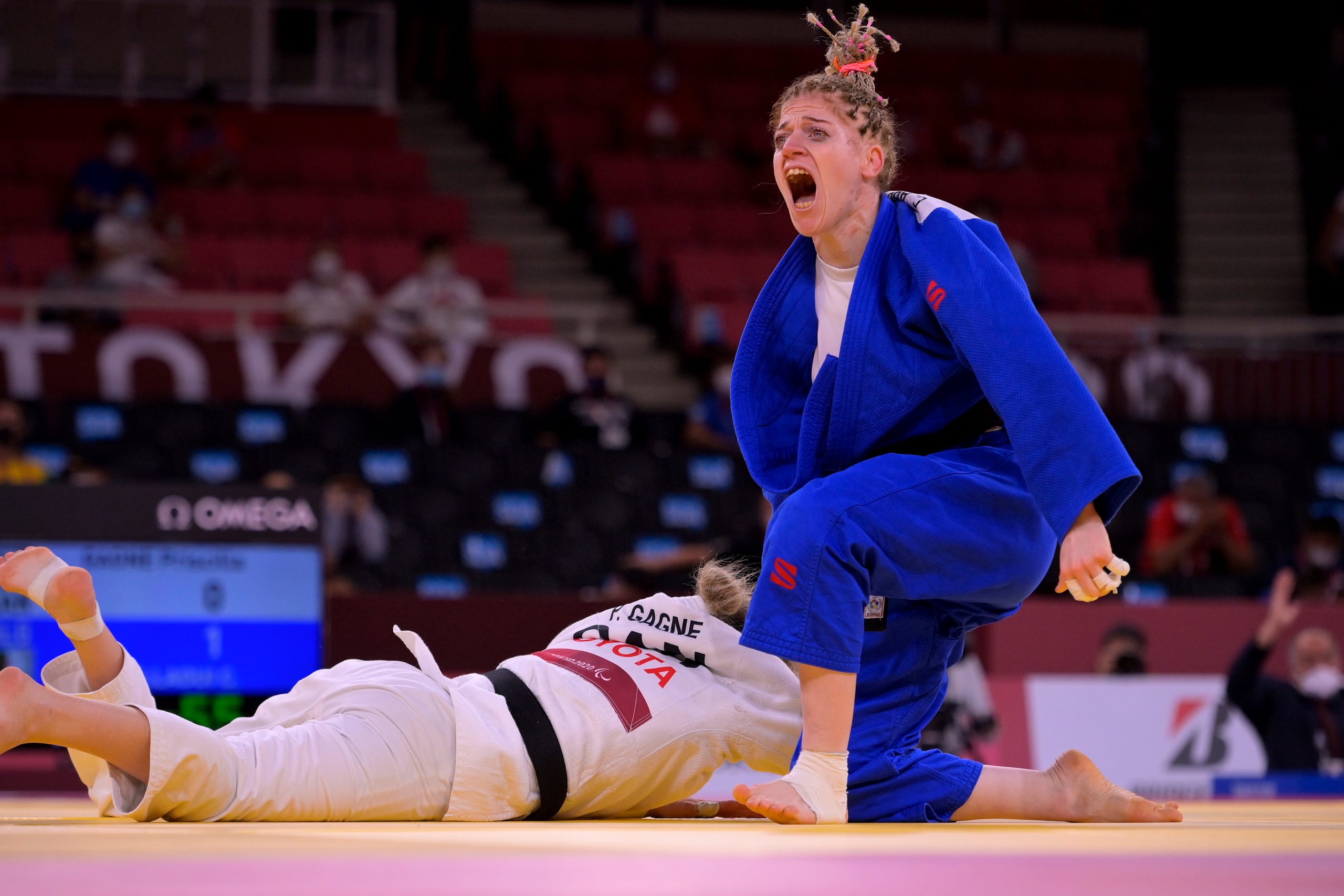 August 27, 2021: Cherine Abdellaoui of Team Algeria celebrates after winning in the Women's -52kg Judo  on day 3 of the Tokyo 2020 Paralympic Games at Nippon Budokan in Tokyo, Japan.